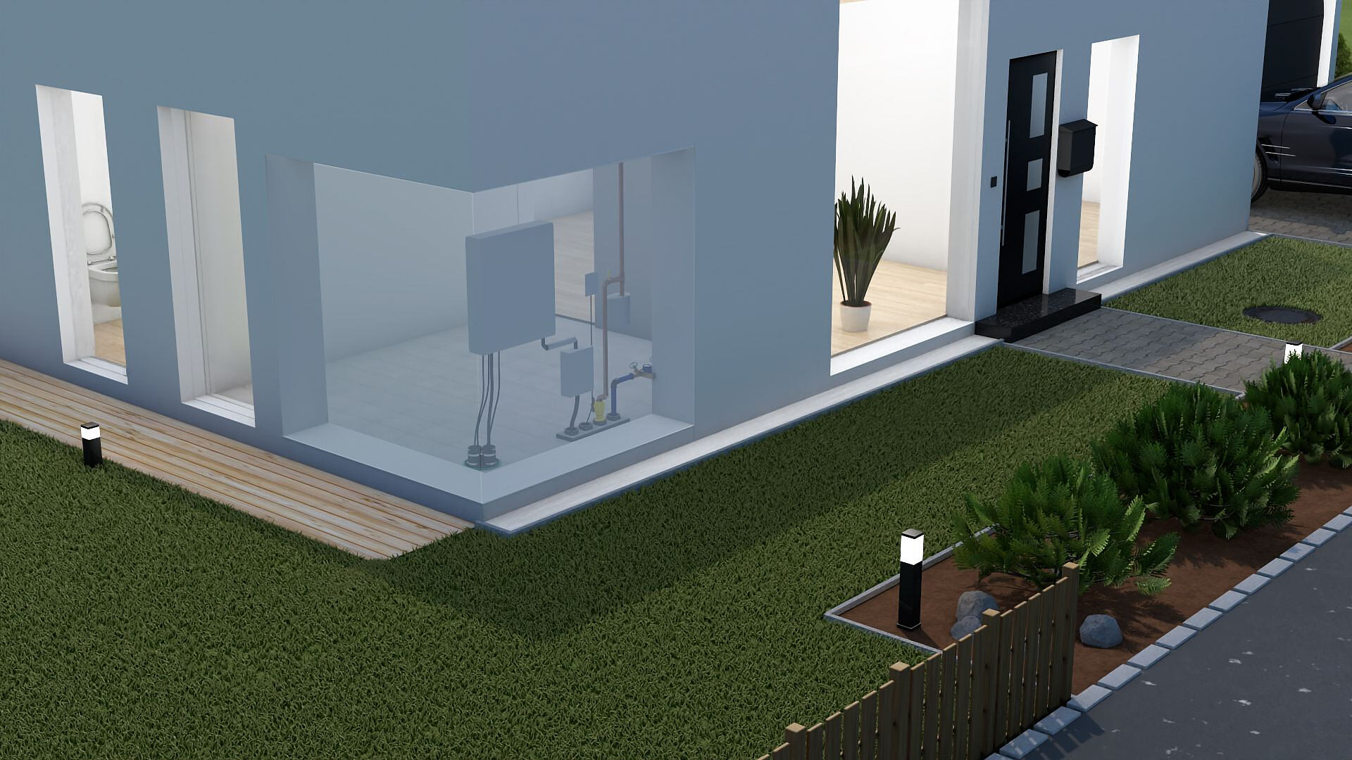 Haus und Garten von außen, Wand leicht transparent, dadurch Mehrspartenhauseinführung FUBO zu sehen